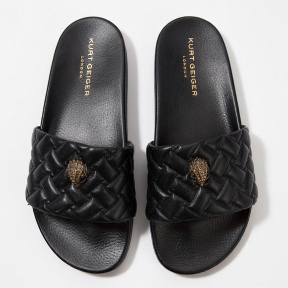 Kurt Geiger Shoes - Kurt Geiger Black Quilted Slide Sandals with Gold Bee Emblem